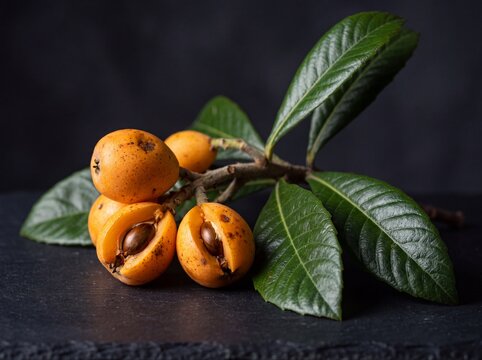 Branch of loquats with glossy leaves, the freckled orange fruit uneven and two split open