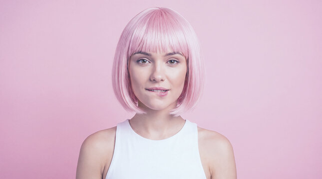 Woman with vibrant pink wig biting her lip in a playful studio portrait isolated against a matching solid pink background with copy space.