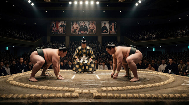 Two sumo wrestlers prepare for match on clay dohyo ring. Traditional Japanese ritual stance in stadium with referee between athletes. Large crowd watches tournament in arena. Dramatic overhead