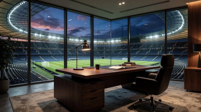 Modern office with large window overlooking illuminated football stadium at dusk. Executive desk, chair and plant inside luxurious corporate workspace with stadium view.