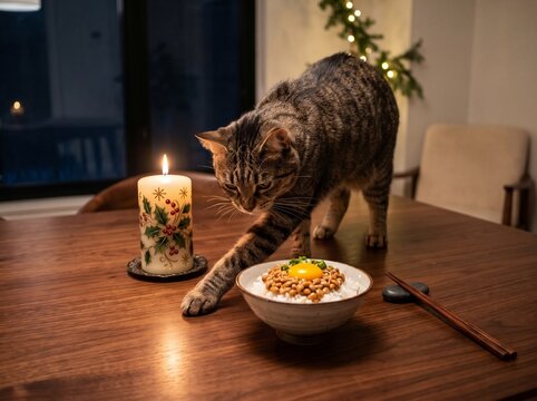 Funny tabby cat pawing wooden table around dinner bowl rejecting bad smelling meal.