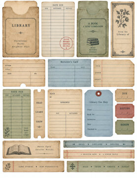 Vintage library cards and blank writing label ephemera