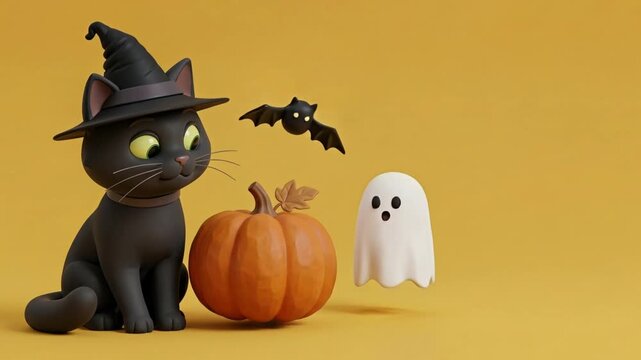 escena graciosa para ni&ntilde;os, de halloween con fondo amarillo de estudio y personajes de dibujos animados, gato negro con sombrero de brujo, calabaza con hoja de oto&ntilde;o, fantasma y murcielago