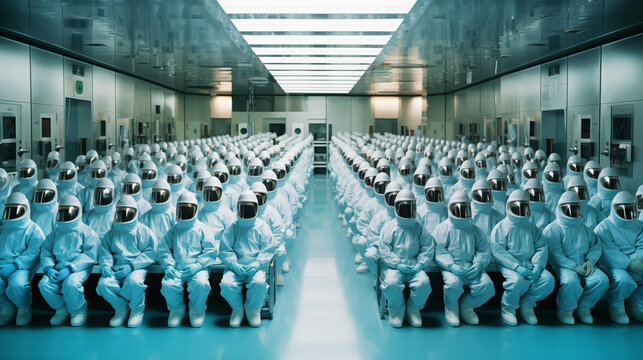 Rows of workers in white hazmat suits and helmets sitting in a modern science laboratory or factory. Futuristic pharmaceutical or technology cleanroom facility. Horizontal banner.