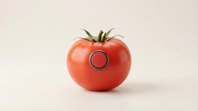 Red Tomato with Emergency Stop Button on White Background