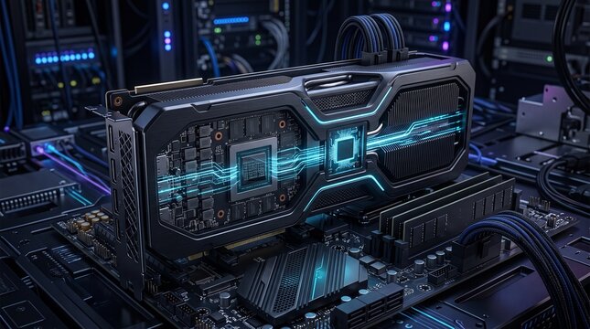 Powerful graphics card with glowing blue data lines on motherboard