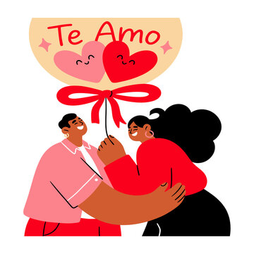 Couple holding a heart balloon with 'Te Amo' text