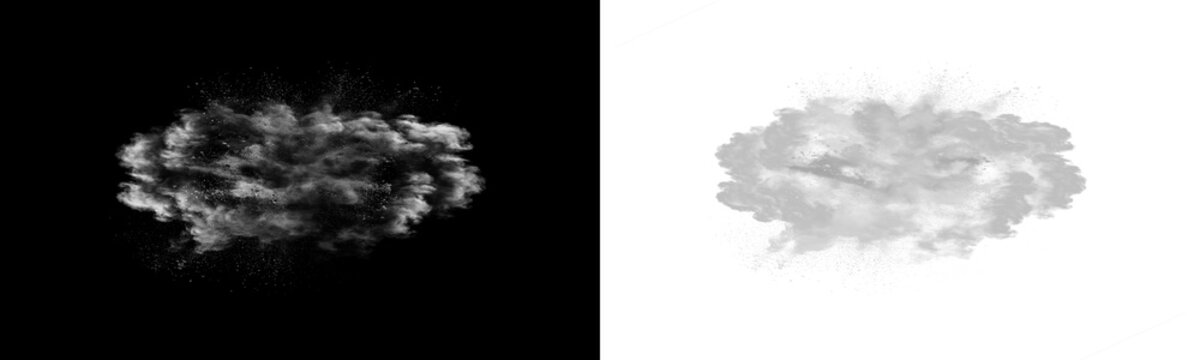 A high-resolution white powder explosion cloud, captured in dynamic motion. Perfect for graphic design projects, this PNG file features a transparent background for easy compositing and visual drama.