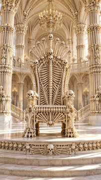 Surreal gothic interiors transform human bones and skulls into monumental staircases, furniture, arches, and thrones.