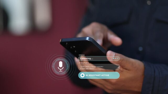 Person using a futuristic artificial intelligence voice assistant on a smartphone with a holographic user interface for hands free control and smart home automation