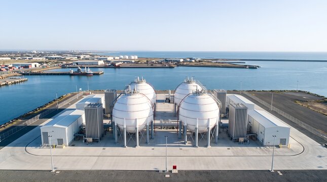 Aerial view of large spherical industrial gas storage tanks at harbor
