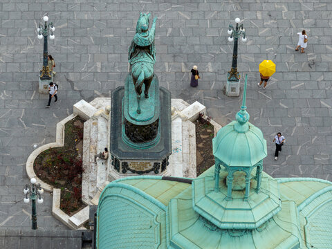 Belgrade, Serbia - 11 September 2026: Aerial view of the Prince Mihailo Monument and pedestrians in Republic Square.