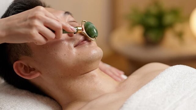 A young Asian man receives a professional facial massage with a green jade roller in a wellness clinic.