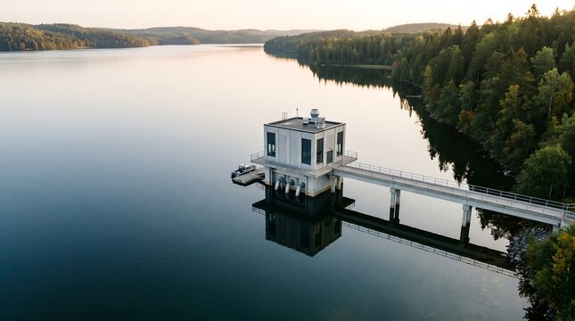 Modern industrial water station building on scenic lake with long concrete pier