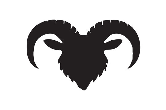Black ram head silhouette icons set with curled horns