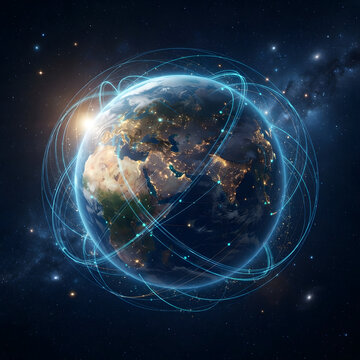 Planet earth encircled by glowing orbital lines represents global connectivity and technological advancement in deep space globe geosphere orbit satellite
