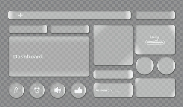 Set of modern glass morphism ui elements including various buttons and rectangular panels for website and mobile application design