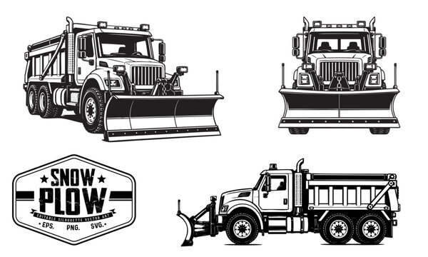Snow plow truck vector illustrations set