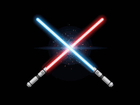 Minimalist flat vector illustration of two crossed lightsabers, blue and red, on black background with glowing energy blades and spark particles.
