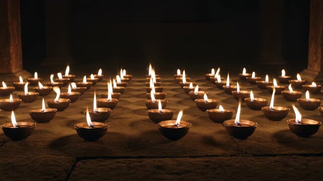 Rows of Small Oil Lamps Burning on a Worn Stone Floor