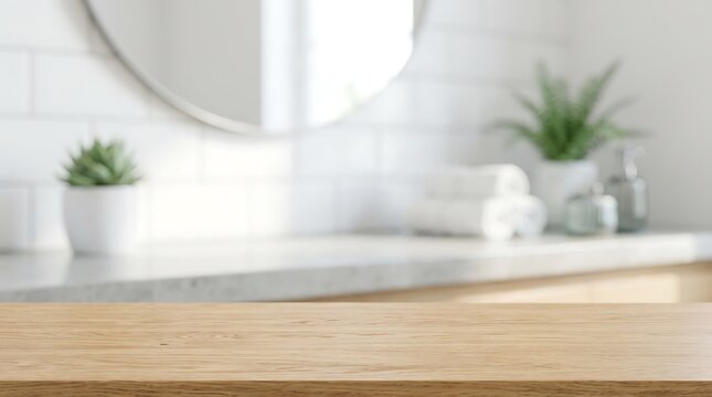 Wooden Table Countertop over Blurred Bathroom Background for Product Placement Mockup Presentation Display Website