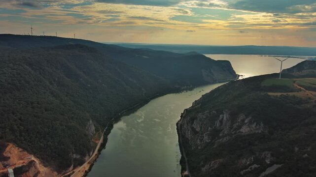 Aerial view on the Danube river and mountains in Djerdap Park at sunset, Serbia Romania border, 4k