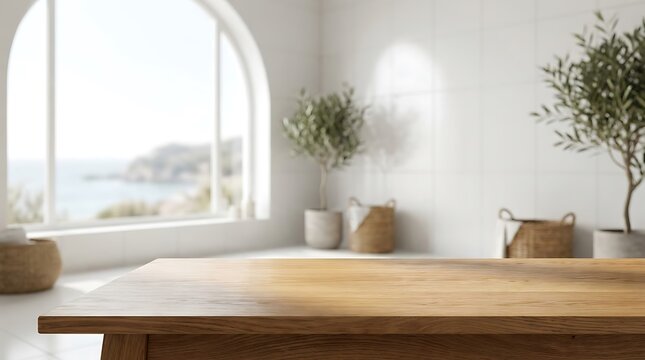 Empty Wooden Table Surface Background for Product Placement in Bright Minimalist Mediterranean Room with Sea View Decor