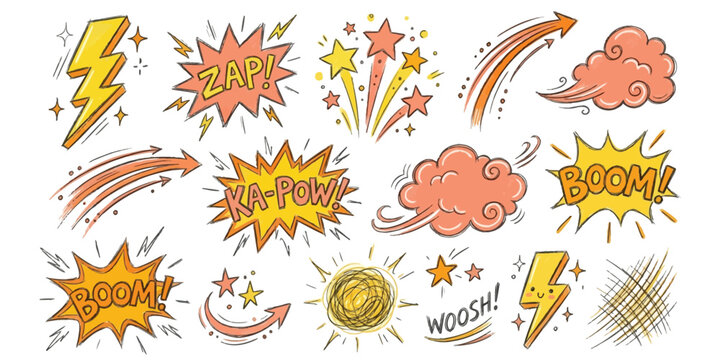 Hand Drawn Comic Book Graphic Elements Set with Speech Bubbles and Sound Effects