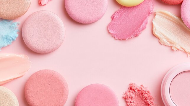 Pastel pink beauty background with cosmetic powders, makeup sponges and creamy product swatches arranged around generous central copy space