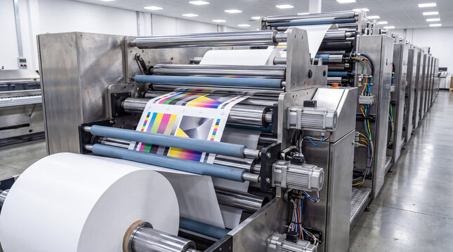 Industrial web offset printing machine processing paper rolls in a modern commercial print facility