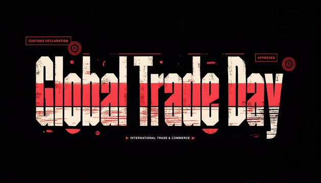 Graphic design with stencil typography reading global trade day against a solid black background with typography displays phrase bold distressed stencil day red beige
