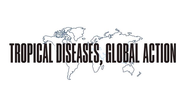 Black text reading tropical diseases global action overlaid on a simple blue outline world map with conceptual graphic displaying superimposed over minimalist line drawing world