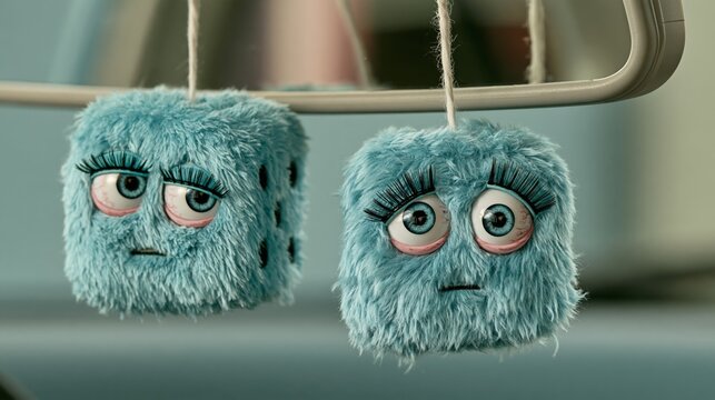 Whimsical car accessory image: a pair of fuzzy dice hanging from a rearview mirror, looking dizzy from all the swinging on a pastel grey background.