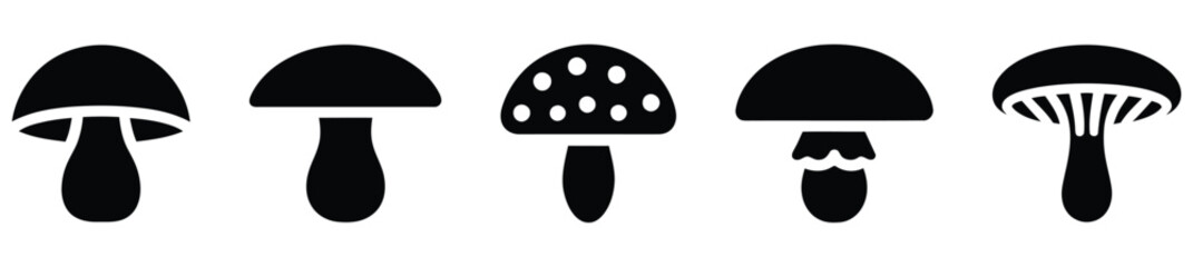 Set of black silhouette mushroom icons featuring various fungus shapes and designs © Mdforiduddin