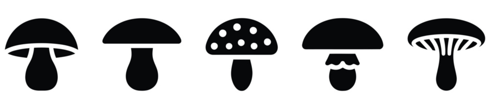 Set of black silhouette mushroom icons featuring various fungus shapes and designs