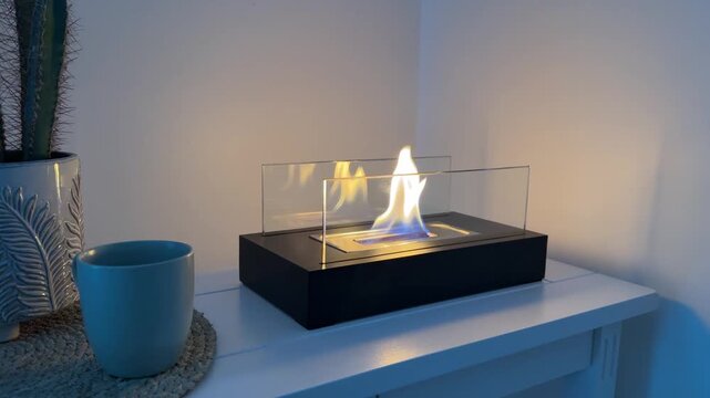 Horizontal close-up shot of a modern black tabletop bioethanol fireplace burning with warm flames on a white wooden console table. A blue ceramic mug on a straw placemat.