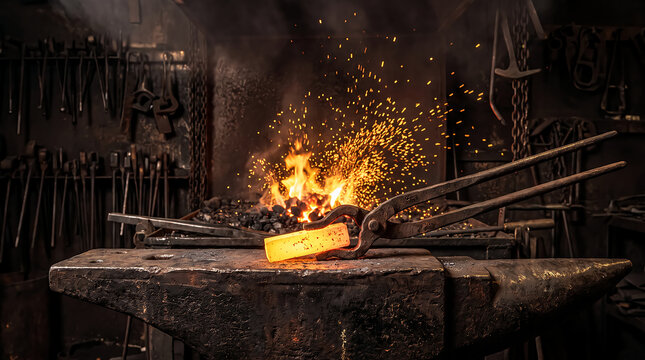 Glowing metal bar being hit with hammer creating bright sparks in a dark blacksmith workshop