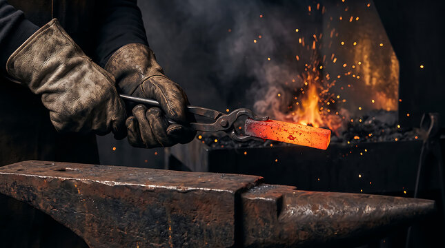 Blacksmith hitting glowing hot metal on an anvil with a hammer in a dark workshop