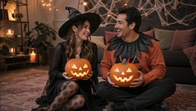 Smiling couple in Halloween costumes holding lit jack-o'-lanterns. Man and woman sitting on living room floor with cobweb decorations and string lights. Cozy autumn holiday celebration
