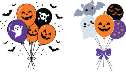 Fototapeta premium Halloween balloon bouquet set pumpkin ghost skull and bat festive party balloons isolated