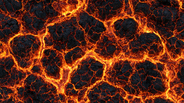 Glowing orange molten lava texture with cracked dark crust background. AI gen