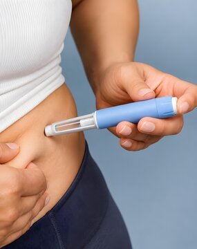 Close Up of Woman Using Injectable Weight Management Pen on Abdomen