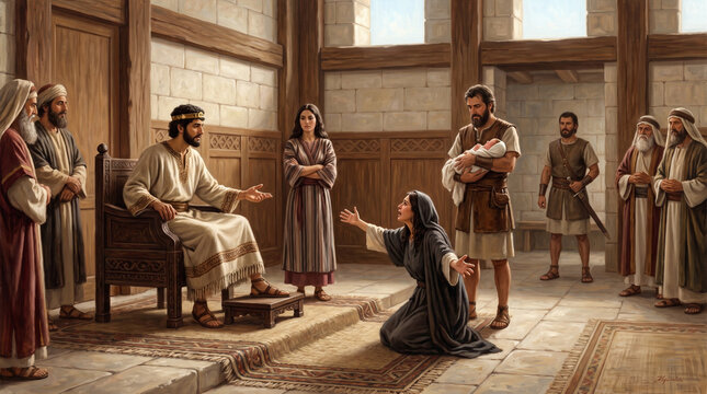 King Solomon gives his judgment between the two women in the cedar palace hall, oil painting of the Old Testament story
