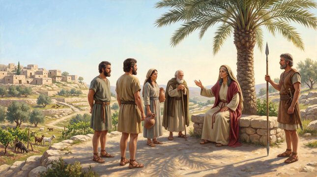 The prophetess Deborah judges Israel beneath her palm tree in the hill country of Ephraim, oil painting of the Old Testament story