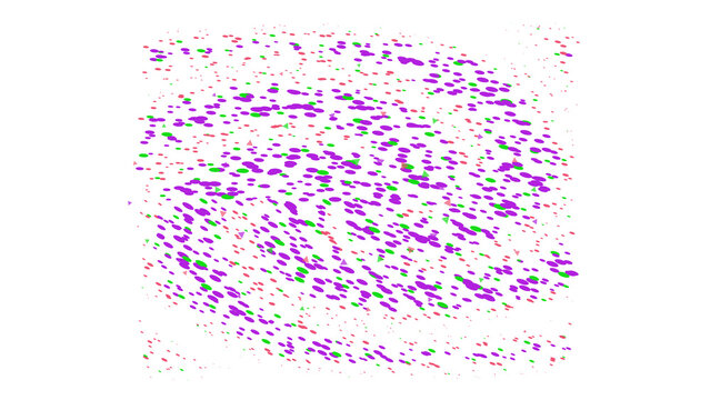 Abstract digital showing a swirling vortex of small purple, green, and orange irregular particles on a solid black background surface isolated on a transparent background