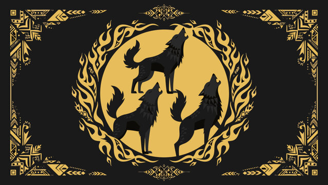 Black wolves howling inside golden circle with tribal pattern and dark background