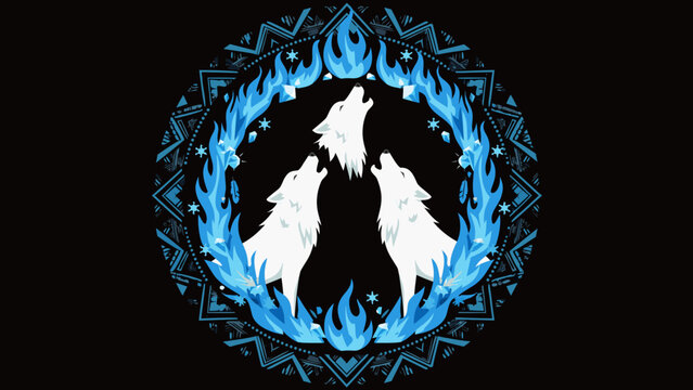 White howling wolves inside a blue fire circle with tribal mandala pattern on black