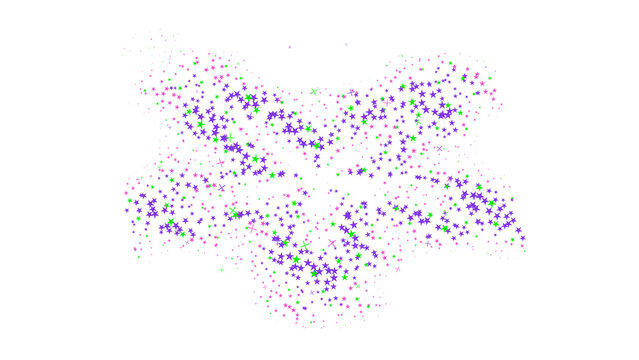 Abstract digital star-shaped cluster of purple, green, and pink stars and dots on a black background, for and creative projects isolated on a transparent background