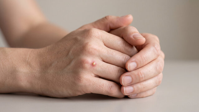 Hands clasped together on a smooth desk display a small raised red pimple and irritated skin lesion.