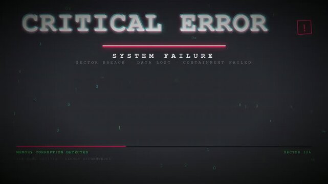 Digital screen displaying critical error and system failure warning with glitching text and data corruption